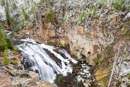 Beautiful fresh dusting of snow on pine trees skirting the Yellowstone River on a crisp early fall morningの写真素材