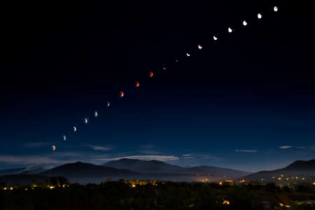 Composite image of lunar phases during a supermoon eclipse over Santa Fe, NMの写真素材