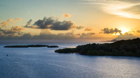 Aerial view of Roatan Bay, Honduras at sunsetの写真素材