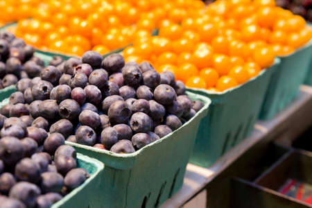 Fresh blueberries on display at a Canadian marketの写真素材