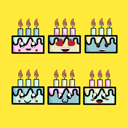 Set of Birthday cake character on yellow backgroundのイラスト素材
