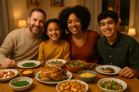 Foto keluarga multiras yang bahagia menikmati makan malam bersama di meja makan yang penuh dengan hidangan lezat. Suasana hangat dan penuh kasih sayang terlihat jelas dalam momen kebersamaan mereka.の素材