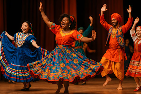 Sebuah foto yang hidup menangkap energi dan kegembiraan dari sekelompok penari dari berbagai latar belakang budaya.  Mereka mengenakan kostum tradisional yang semarak dan bergerak dengan penuh semangat di atas panggung yang diterangi cahaya hangat.  Ekspresi wajah mereka mencerminkan kegembiraan dan kebersamaan mereka, menciptakan momen yang indah dan berkesan. Foto ini ideal untuk proyek yang merayakan keragaman, budaya, seni pertunjukan, tarian, dan semangat komunitas.の素材