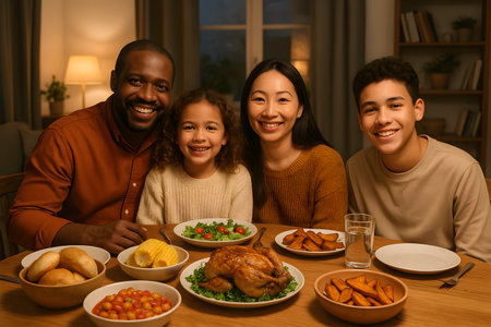 A heartwarming image of a diverse family ? a Black father, Asian mother, daughter, and teenage son ? smiling happily while enjoying a delicious Thanksgiving dinner at their home. The table is set with roasted chicken, sweet potato fries, salad, corn, rolls, and chickpeas, creating a festive and inviting atmosphere. This image is perfect for illustrating themes of family, togetherness, Thanksgiving, diversity, happiness, and gratitude.の素材