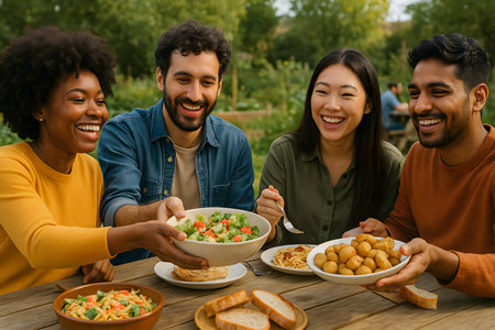 Empat teman dari berbagai latar belakang etnis menikmati makan siang bersama di luar ruangan yang cerah. Mereka tertawa dan berbagi makanan, menciptakan suasana yang hangat dan ramah.  Foto ini ideal untuk menggambarkan persahabatan, kebersamaan, makan siang bersama, makanan sehat, dan gaya hidup aktif.の素材