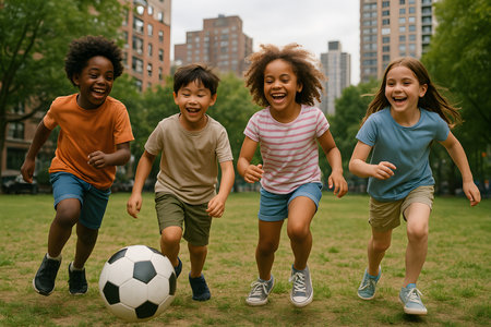 Empat anak dari berbagai latar belakang etnis, dua perempuan dan dua laki-laki, berlari dengan penuh sukacita di lapangan rumput hijau sambil mengejar bola sepak.  Mereka tersenyum lebar, menunjukkan kebahagiaan dan persahabatan. Latar belakangnya berupa gedung-gedung tinggi kota, menunjukkan lingkungan perkotaan.  Gambar ini sempurna untuk mewakili konsep-konsep seperti kebahagiaan anak, persahabatan, olahraga, bermain di luar ruangan, keragaman, dan kehidupan kota.の素材