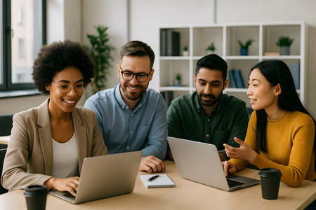 A diverse group of four young professionals ? two women and two men ? are seated around a table, intensely focused on their laptops. They are engaged in a collaborative discussion, with one woman gesturing as she communicates an idea.  The atmosphere is positive, dynamic, and reflects modern workplace collaboration.  The image is perfect for illustrating teamwork, innovation, brainstorming, technology, business, and diversity in the workplace.の素材