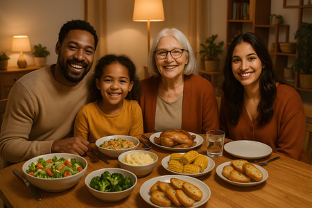 A heartwarming image of a multigenerational family ? a Black father, daughter, grandmother, and Latina daughter ? gathered around a table, beaming with joy as they share a delicious Thanksgiving dinner. The warm lighting and comfortable atmosphere create a sense of unity and love. The table is laden with traditional Thanksgiving dishes, including roasted chicken, mashed potatoes, corn on the cob, and various side dishes. This image is perfect for illustrating family, togetherness, Thanksgiving, holidays, gratitude, and cultural diversity.の素材