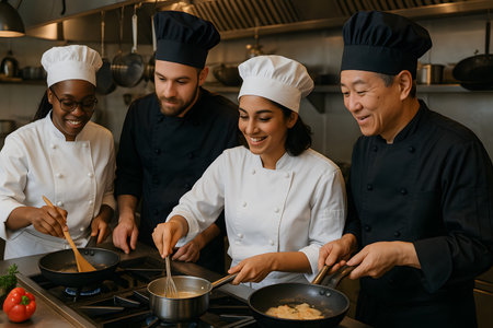 A diverse group of four chefs, two men and two women, collaborate in a professional restaurant kitchen.  They are smiling and working together, showing teamwork and culinary expertise.  The image conveys a sense of collaboration, culinary skills, and diversity in the food industry.  High-quality image perfect for articles, websites, and marketing materials related to restaurants, food, cooking, teamwork, diversity, and culinary arts.の素材