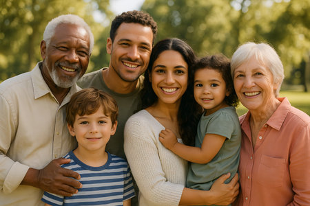 Foto keluarga multigenerasi yang bahagia dan beragam di taman yang cerah.  Nenek, kakek, orang tua, dan anak-anak tersenyum dan berpelukan, menunjukkan ikatan keluarga yang kuat dan cinta.  Warna-warna hangat dan latar belakang yang indah menambah suasana bahagia pada gambar ini.の素材