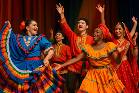 A vibrant and energetic image capturing a diverse group of young adults joyfully performing a multicultural dance.  They are wearing colorful traditional costumes representing various cultures, showcasing the beauty of cultural exchange and unity. Their expressive faces and dynamic poses capture the spirit of celebration and shared joy.の素材