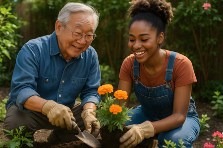Foto yang menawan menampilkan seorang kakek Asia yang ramah dan cucunya, seorang wanita muda Afrika-Amerika, dengan penuh kegembiraan menanam bunga marigold di kebun mereka.  Mereka mengenakan pakaian kasual dan sarung tangan berkebun, mencerminkan ikatan keluarga yang kuat dan kegiatan outdoor yang menyenangkan.  Cahaya alami yang hangat menambah kehangatan dan kepositifan pada adegan tersebut.  Gambar ini ideal untuk mewakili konsep keluarga, berkebun, pertumbuhan, generasi, ikatan, aktivitas luar ruangan, dan kegembiraan.の素材