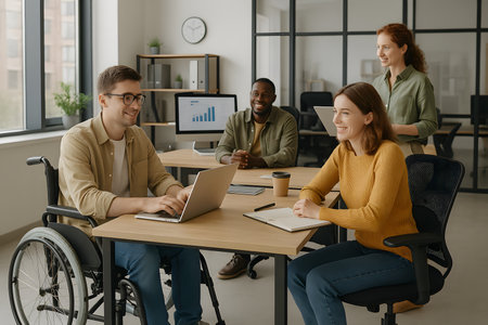 Sebuah foto yang menunjukkan tim kerja yang beragam dan inklusif berdiskusi di kantor modern yang terang dan lapang.  Seorang anggota tim menggunakan kursi roda, menekankan inklusivitas dan aksesibilitas di tempat kerja.  Mereka tampak terlibat dalam pekerjaan mereka, dengan laptop, notebook, dan monitor komputer yang menampilkan grafik.  Suasana kerja tampak kolaboratif dan positif.の素材