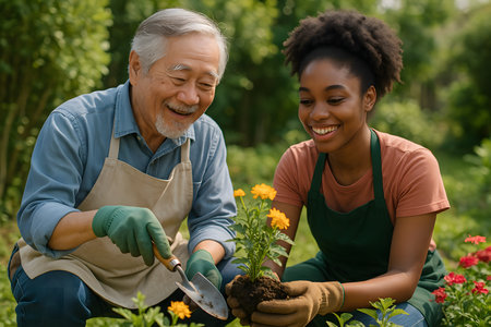 Seorang wanita muda Afrika-Amerika dan seorang pria Asia tua tersenyum sambil menanam bunga di kebun. Mereka mengenakan celemek dan sarung tangan berkebun. Suasana cerah dan menyenangkan.の素材