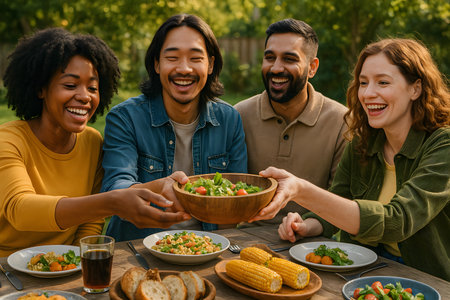Fotografi stok yang cerah dan ceria menampilkan empat teman yang beragam secara etnis, dua pria dan dua wanita, tertawa dan berbagi semangkuk salad di meja luar ruangan di taman yang indah.  Mereka menikmati makan siang bersama yang menyenangkan dan santai. Adegan ini memancarkan kegembiraan, persahabatan, dan gaya hidup sehat.の素材