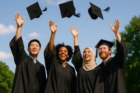 Foto yang penuh warna dan bahagia menampilkan empat mahasiswa dari latar belakang yang beragam, tersenyum lebar dan melempar topi wisuda mereka ke udara. Mereka mengenakan jubah wisuda hitam dan tampak sangat gembira merayakan kelulusan mereka. Latar belakangnya adalah langit biru cerah dan pepohonan hijau, membuat suasana yang menyenangkan dan meriah.の素材