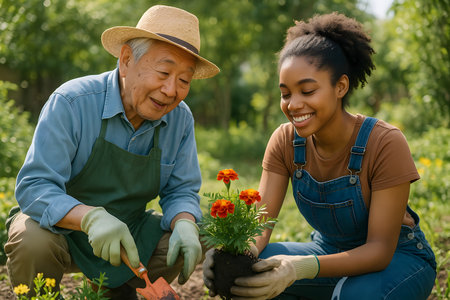 A happy senior Asian man and a young Black woman work together planting marigolds in a garden. They are smiling and enjoying their time together, showcasing intergenerational connection and teamwork in gardening.の素材