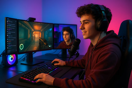 Seorang remaja pria yang bersemangat bermain game online di PC gamingnya yang canggih. Ia mengenakan headphone dan menggunakan mikrofon untuk streaming langsung ke audiensnya.  Suasana ruangannya gelap dengan pencahayaan RGB yang menambah kesan modern dan gaming. Foto ini cocok untuk artikel tentang gaming, esports, streaming, teknologi, dan gaya hidup gamer.の素材