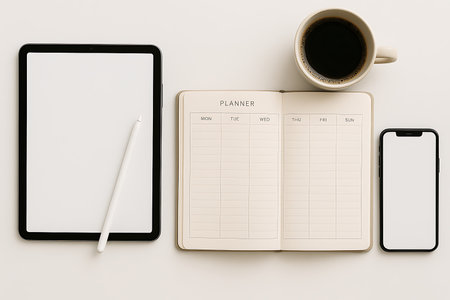A styled stock photo featuring a tablet, a weekly planner, a smartphone and a cup of coffee on a white background. Perfect for illustrating concepts related to productivity, planning, work from home, business, technology, and organization.の素材