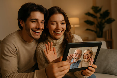 Gambar berkualitas tinggi yang menunjukkan pasangan muda yang tersenyum dan bahagia melakukan video call dengan orang tua mereka.  Mereka terlihat hangat dan penuh kasih sayang.  Suasana ruangan hangat dan nyaman, menggambarkan koneksi keluarga yang erat melalui teknologi.の素材