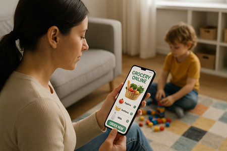 Seorang ibu muda memesan bahan makanan secara online menggunakan ponsel pintarnya sambil mengawasi anaknya yang bermain di dekatnya.  Gambar ini menggambarkan kemudahan dan kenyamanan berbelanja online di rumah,  serta multitasking untuk ibu-ibu yang sibuk.の素材