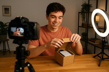 A happy young man sits at a wooden desk, unboxing a product in front of a camera for his video blog.  He&#39;s using a ring light for optimal lighting. The scene is set in a cozy home office setting.の素材