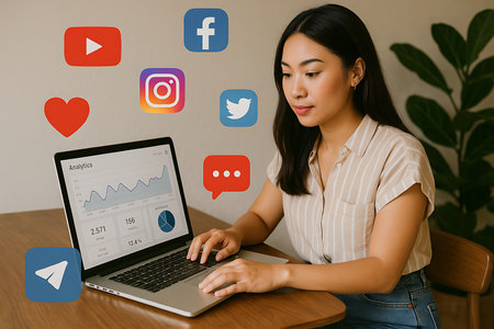 A young Asian woman sits at a wooden table, working on her laptop. The screen displays social media analytics, including graphs and key performance indicators (KPIs).  Various social media icons?Facebook, Instagram, Twitter, YouTube, Telegram, and a heart icon?float around her, symbolizing online engagement and data analysis. The image is perfect for illustrating topics like social media marketing, digital strategy, content creation, online business, data analysis, and influencer marketing.の素材