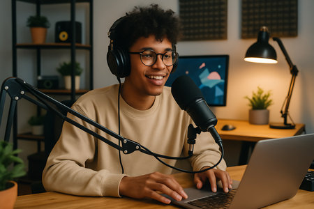 Seorang pemuda yang ceria dan ramah sedang merekam podcast di studio rumahnya. Ia mengenakan headphone dan berbicara ke mikrofon berkualitas tinggi, sambil mengetik di laptopnya. Suasana ruang kerjanya hangat dan nyaman, dengan pencahayaan yang baik dan tanaman hijau. Gambar ini sempurna untuk konten yang berhubungan dengan podcasting, streaming langsung, pekerjaan kreatif, dan teknologi.の素材