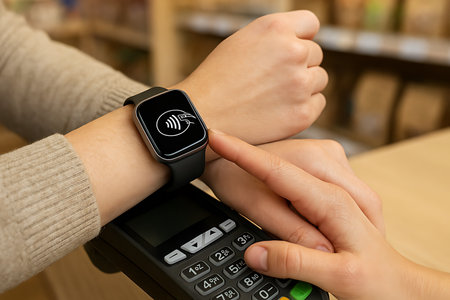 Gambar close-up dari seseorang yang melakukan pembayaran tanpa kontak di toko menggunakan smartwatch mereka.  Pergelangan tangan dengan smartwatch modern ditampilkan secara jelas, bersama dengan tangan kasir yang memegang mesin pembayaran. Latar belakangnya menampilkan rak-rak yang sedikit buram di toko kelontong, menciptakan suasana belanja sehari-hari.の素材