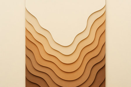 A minimalist and elegant abstract background featuring a gradient of earthy nude and brown tones, arranged in smooth, wavy, paper-cut style layers. The design creates a sense of depth and organic flow, perfect for contemporary design projects, branding, or digital backgrounds with ample copy space.の素材