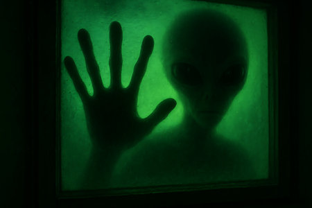 A shadowy silhouette of an alien or extraterrestrial being with its hand pressed against a textured, green-lit frosted glass surface. The eerie and mysterious atmosphere suggests an otherworldly encounter, suitable for science fiction, horror, UFO, or paranormal themes.の素材