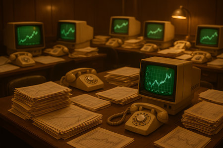 A nostalgic scene of an old-fashioned office featuring multiple vintage CRT monitors displaying green line graphs, surrounded by stacks of paper with charts and classic rotary phones. The dimly lit room evokes a retro financial trading or data analysis environment from the 1970s or 1980s, highlighting outdated technology and traditional methods.の素材