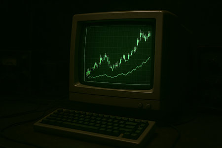 An atmospheric shot of a vintage CRT computer monitor with a glowing green monochrome screen, showcasing an upward-trending stock market candlestick chart and a line graph. A classic keyboard is visible in the foreground against a dark background, evoking a nostalgic feel of retro computing and financial data analysis.の素材