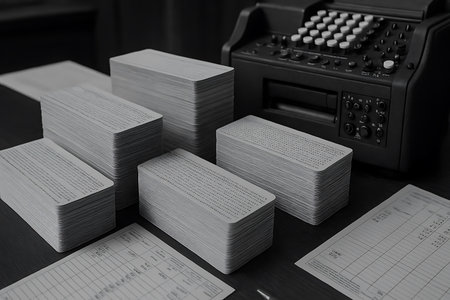 A close-up, monochromatic view of stacks of vintage punch cards alongside an old calculating machine or early computer, symbolizing obsolete data processing and computing technology. The dark, textured desk also features paper documents with grids and numbers, evoking a sense of historical office work and information management from the mid-20th century.の素材