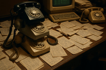A nostalgic high-angle view of a cluttered vintage wooden desk, dominated by a stack of three classic rotary telephones. Numerous handwritten notes and scraps of paper are scattered across the surface, alongside a retro computer monitor displaying green text and its accompanying keyboard. The scene evokes themes of analog communication, information overload, historical investigation, and obsolete technology from a bygone era.の素材