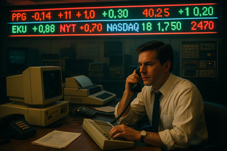 A concentrated stockbroker or businessman talks on a vintage telephone, working at a desk with old computer equipment. Above him, a glowing digital stock ticker displays real-time financial data, capturing the intense atmosphere of a retro 1980s or 1990s trading office.の素材