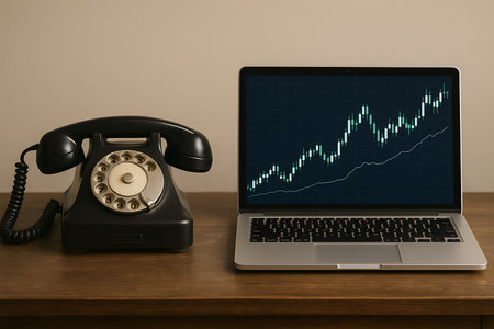 A striking juxtaposition of a classic black rotary telephone and a contemporary silver laptop displaying an upward-trending stock market candlestick chart, placed side by side on a wooden desk. This image symbolizes the evolution of technology, communication, and financial progress from the past to the digital present.の素材