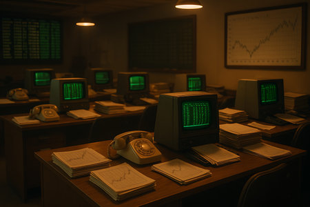 A nostalgic view of an old-fashioned trading floor or data processing room from the 1970s or 1980s. The dimly lit office features desks equipped with vintage green screen CRT computer terminals displaying financial data, classic rotary telephones, and stacks of paper with hand-drawn graphs and charts, evoking a bygone era of technology and finance.の素材