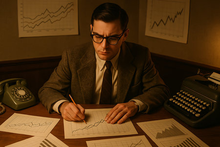 A focused businessman, dressed in a classic suit and glasses, meticulously charts financial data on a paper graph with a pencil. He is surrounded by vintage office equipment like a rotary telephone and an old typewriter, in a dimly lit, mid-century office setting, evoking the diligent work of a past era in business and finance.の素材