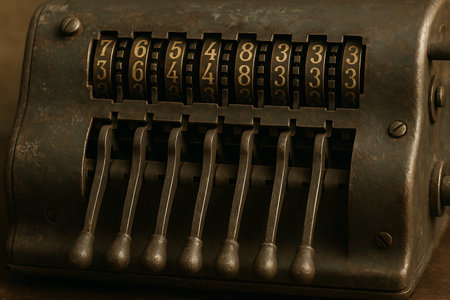 A detailed close-up of an antique mechanical calculator, showcasing its intricate number wheels displaying digits and the robust metal levers used for operation. The vintage device features golden-toned numbers against a dark, worn metal casing, evoking a sense of historical technology, industrial design, and old-world craftsmanship.の素材