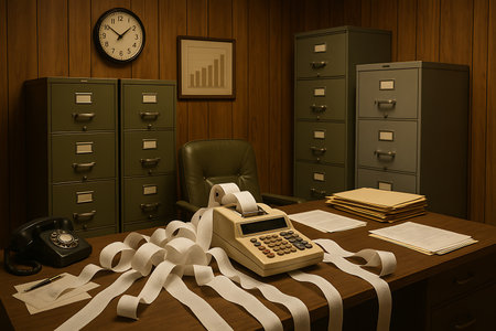 A detailed view of a retro-style office workspace featuring an old-fashioned adding machine with a long paper tape, a classic rotary telephone, and stacks of documents on a wooden desk. The background includes wood-paneled walls, a wall clock, a framed bar graph, and several filing cabinets, evoking a sense of traditional accounting, finance, and administrative work from a bygone era.の素材
