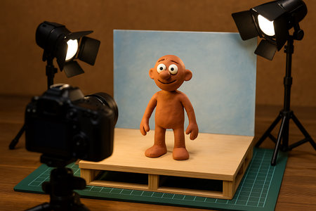 A friendly, smiling claymation character stands on a wooden platform in a carefully arranged miniature studio, equipped with professional photography lights and a camera on a tripod. This image captures the creative process and setup for stop-motion animation or model photography.の素材