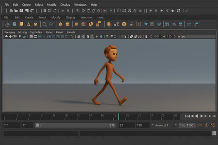 A view of a professional 3D animation software interface, displaying a simple, untextured brown cartoon character performing a walk cycle. The character, a basic humanoid model, is animated against a minimalist grey background within the viewport. The screen shows various tools, menus, and a timeline, highlighting the digital workspace used for 3D modeling and animation.の素材