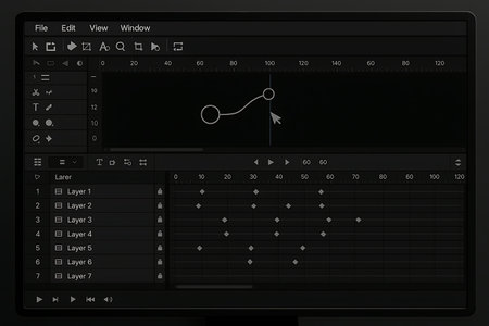 A sleek, professional digital animation or video editing software interface displayed on a dark screen. The application features a detailed timeline with keyframes, a layers panel with multiple active layers, and various creative tools. A Bezier curve is being adjusted in the main window by a mouse cursor, illustrating precision in motion graphics and video production workflow.の素材