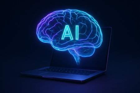 A mesmerizing 3D render illustrating an abstract, glowing human brain with &quot;AI&quot; text inside, emerging from a modern laptop screen against a dark background. This futuristic concept visually represents artificial intelligence, machine learning, deep learning, and advanced computing technologies, ideal for topics related to technological innovation and the future of smart systems.の素材
