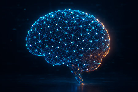 An abstract concept of the human brain or artificial intelligence, represented by a glowing digital neural network of interconnected dots and lines against a dark background. The intricate plexus structure, primarily blue, features a vibrant orange section, symbolizing active thought, data processing, or cognitive function. Ideal for themes of technology, neuroscience, AI, machine learning, and innovation.の素材