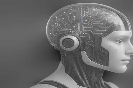 Side profile of a sophisticated humanoid robot&#39;s head, featuring a translucent dome that reveals intricate circuit board patterns and electronic components. This image symbolizes advanced artificial intelligence, future technology, and the convergence of biological and digital minds. Set against a clean, minimalist gray background, it evokes themes of innovation, computing, and machine learning.の素材