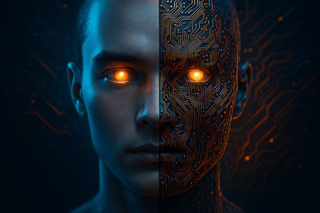 A striking conceptual portrait of a man&#39;s face, split vertically to reveal a fusion of human and machine. One half is a realistic human face with a glowing orange eye, while the other half is an intricate circuit board pattern, also with a luminous orange eye. This image symbolizes the integration of artificial intelligence, bionics, and advanced technology with humanity, representing themes of digital identity, the future of AI, and human-computer interfaces.の素材