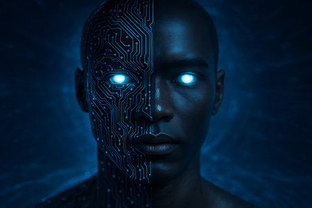 Conceptual portrait of a man&#39;s face, merging human features with intricate digital circuit patterns and glowing blue eyes, symbolizing the fusion of humanity and artificial intelligence in a futuristic context.の素材