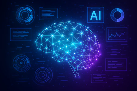 An abstract illustration depicting an artificial intelligence concept with a glowing, polygonal human brain at its core, surrounded by a futuristic heads-up display (HUD) featuring various data visualizations, graphs, charts, and UI elements. The design incorporates blue and purple gradient colors, symbolizing advanced technology, machine learning, neuroscience, and digital innovation. Ideal for themes related to AI, big data, cognitive computing, and technological progress.の素材